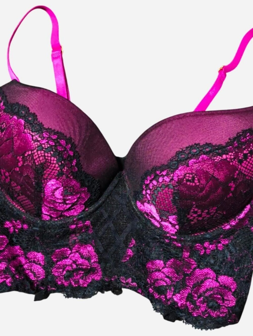 True by rue21 pink/black floral lace silky corset style bodice lattice pattern